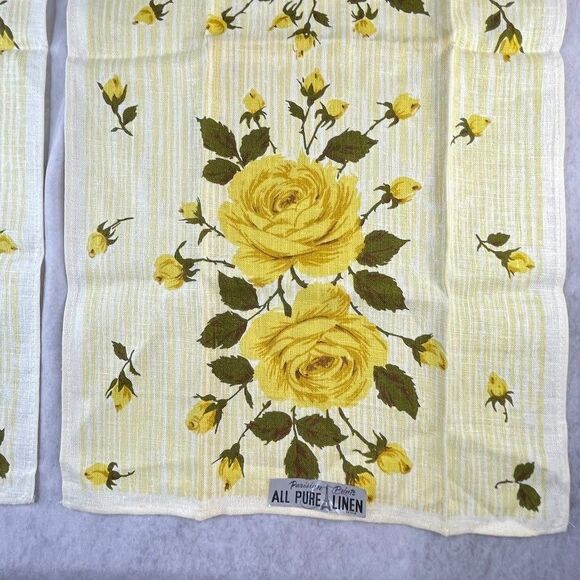 Vintage Parisian Print ALL PURE LINEN Yellow Roses Dish Towel 2 COUNT NEW NOS - Picture 2 of 9